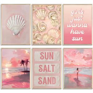 Pink Coastal Preppy Canvas Wall Art Coastal Granddaughter Print Aesthetic Room Painting Shells Oyster Posters Surfer Pictures-Girls Just Wanna Have Sun-Wall Decor for Girls Room Dorm Home Unframed