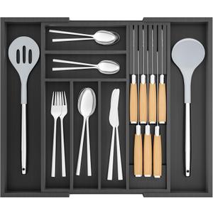Bamboo-Silverware-Drawer-Organizer-Kitchen, Expandable Utensil Holder Cutlery Tray Flatware Organization Adjustable Wood Tableware Dividers Storage (with Removable Knife Block)(Black) (Large)