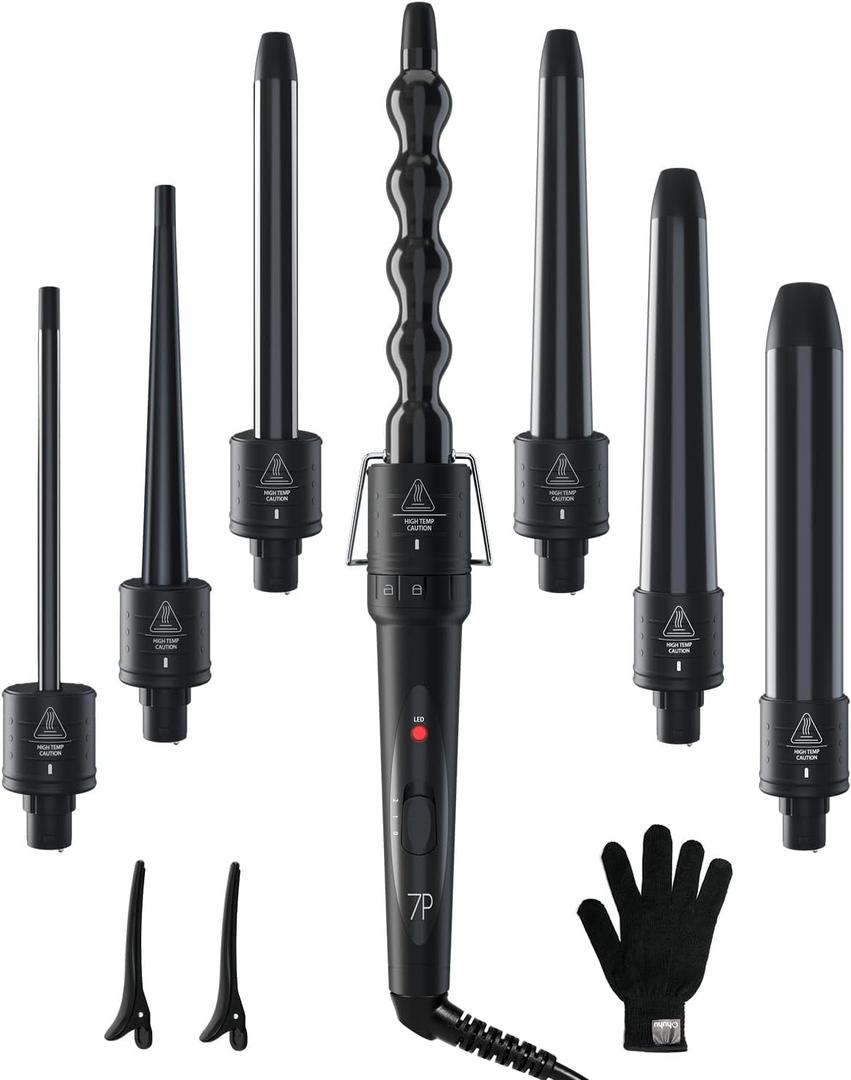 7 in 1 Curling Wand Set: Ohuhu Curling Iron Wand 7Pcs 0.35 to 1.25 Inch Interchangeable Ceramic Barrel Heat Protective Glove 2 Clips Dual Voltage Hair Curler for Girls Women Mother Gift Black