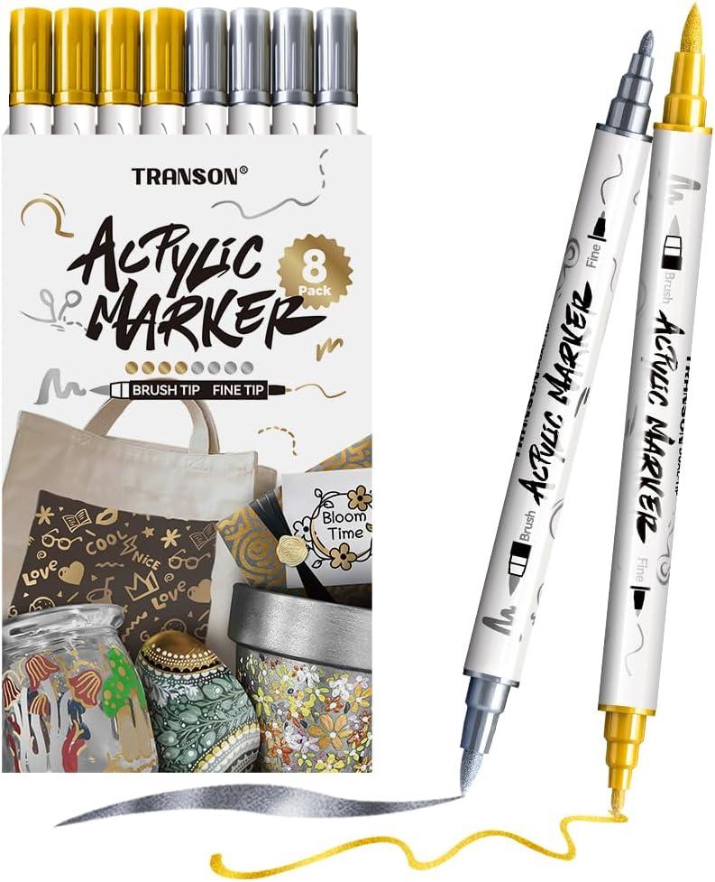 TRANSON 4 Gold and 4 Silver Paint Markers Brush and Fine Dual-tip Acrylic Paint Marker Set for Rock Painting Glass Canvas Wood Leather Ceramic Painting
