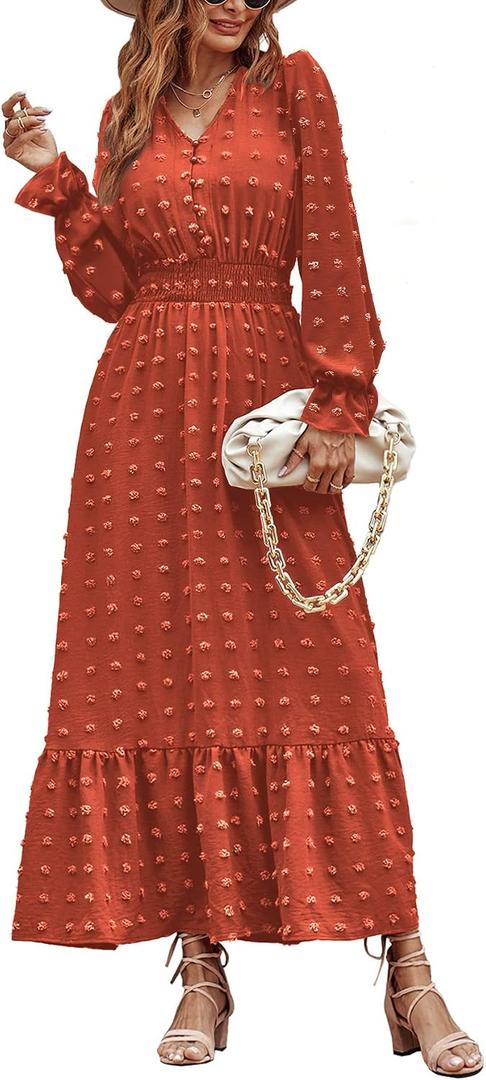 MASCOMODA Women Maxi Dress 2025 Fall Long Sleeve V Neck Swiss Dot Boho Smocked High Waisted A-Line Tiered Flowy Long Dresses (M)