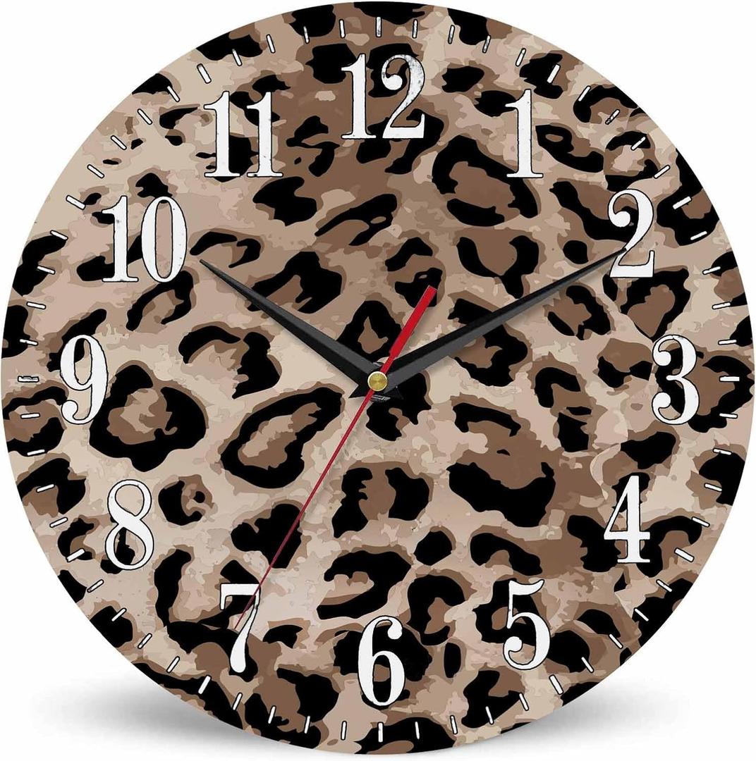 Mxocom Leopard Wall Clock Cheetah Fur African Animal Print 10 Inch Silent Non Ticking Battery Operated Clock Vintage Round Clock for Living Room Bedroom Bathroom Office Decor
