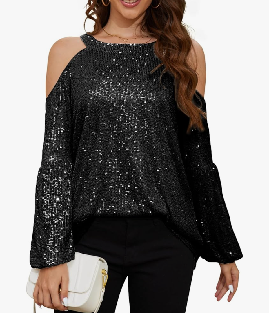 Sequin Tops for Women Sequin Halter Tops Balloon Long Sleeve Sparkly Glitter Shirts Sequin Blouse for Party Disco. Size XL