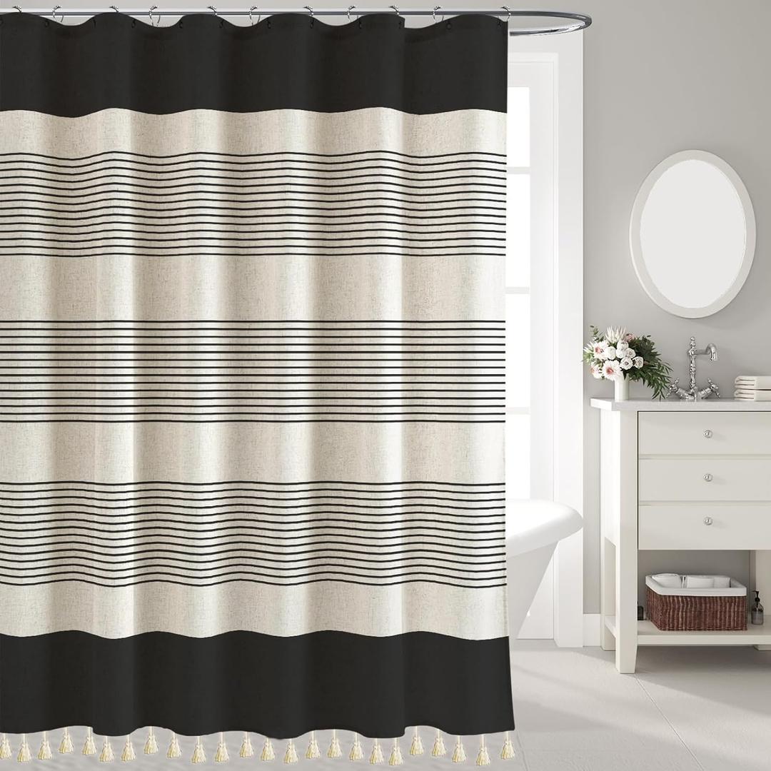 WOUVMA Black Boho Shower Curtains for Bathroom with Tassels Farmhouse Striped Shower Curtain Beige Rustic Linen 72x72 Inches
