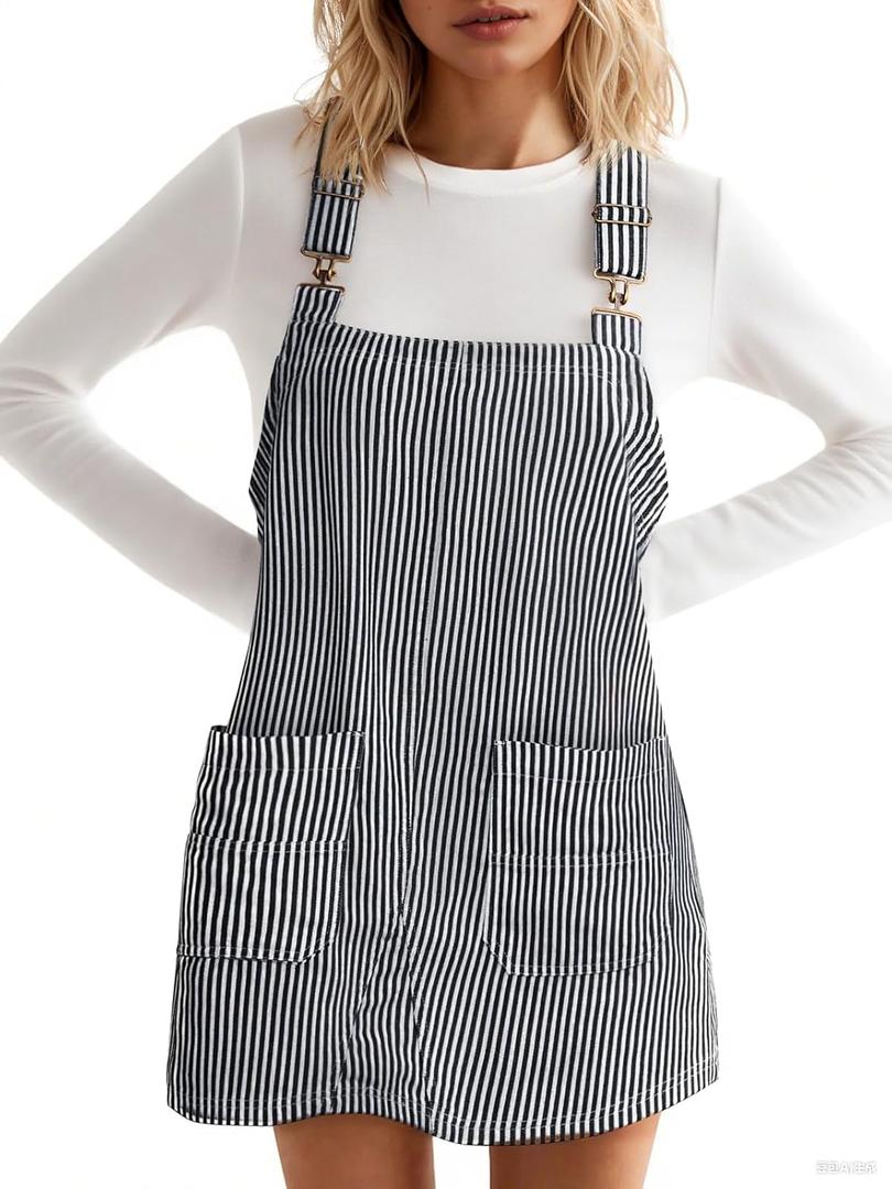 Yousify Womens Casual Denim Dress Fall Striped Overalls Romper Adjustable Straps Sleeveless Jean Dresses with Pockets (XX-Large, Black)