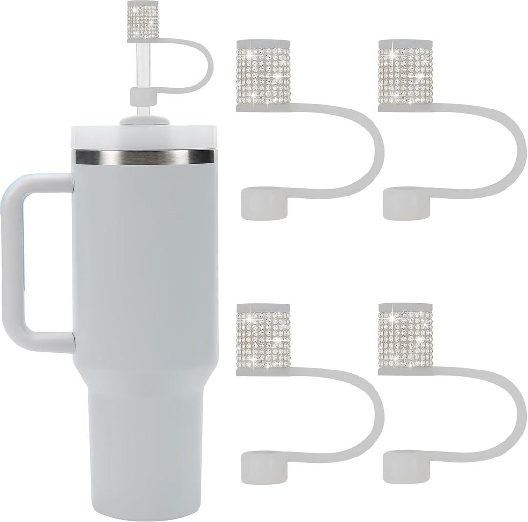 Stanley Cup Accessories Set, 4 Pcs Bling Diamond Straw Cover, Straws Cap for Stanley 30&40oz with Tumblers, 0.4in Lid Accessories for Tumblers, Straw Topper for 10 mm Straws (4Pcs White)
