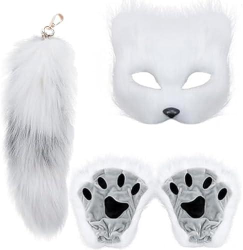 YXCFEWD Cat Mask Therian Tail with Paws Furry Halloween Therian Gear Stuff Wolf Fox Costume for Cosplay Over 1 years Old (White)