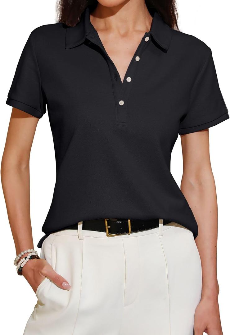 Womens Polo Shirts Summer Business Casual Work Tops Short Sleeve Button Down Collared V Neck Golf Blouse T-Shirt (Medium, Black)