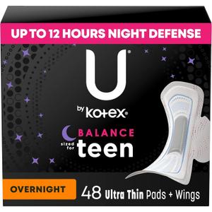 U by Kotex Balance Sized for Teens Ultra Thin Overnight Pads with Wings, 48 Count (4 Packs of 12) 
