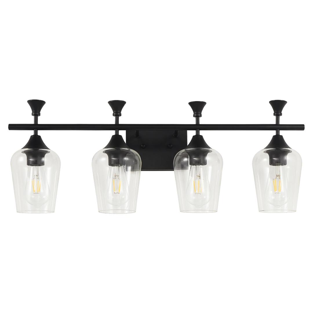 Bathroom Light Fixtures (4-Light, 29 Inch), Matte Black Vanity Lights for Bathroom with Clear Wine Glass Glass Shade, Modern Vanity Wall Lights for Mirror Bedroom Living Room Kitchen Hallway Porch