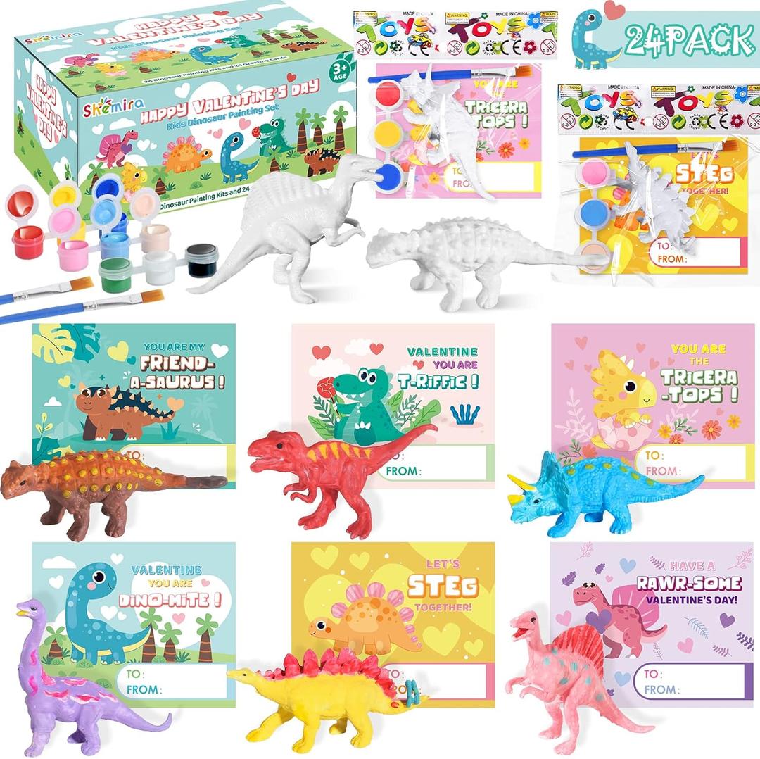 2 x Shemira Valentine's Day Cards for Kids,24 Pack of Dinosaur Painting Kit with Valentines Greeting Cards for Kids, Valentine's School Classroom Exchange Gifts, Valentines' Party Favor Supplies