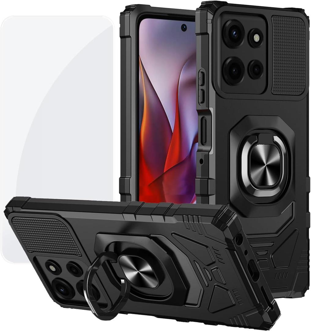 Ailiber for Moto G Power 2025 Case, Motorola G Power 2025 Phone Case with Screen Protector, Ring Kickstand for Magnetic Car Mount, Military Grade, Shockproof Rugged Cell Phone Cover-Black
