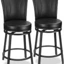 Bar Stools Set of 2, Counter Height Swivel Bar Chair with High Backrest, 24 inch Round Seat Barstools for Kitchen Island, Pub, Metal Base, Upholstered PU Leather Dining Chairs, Black