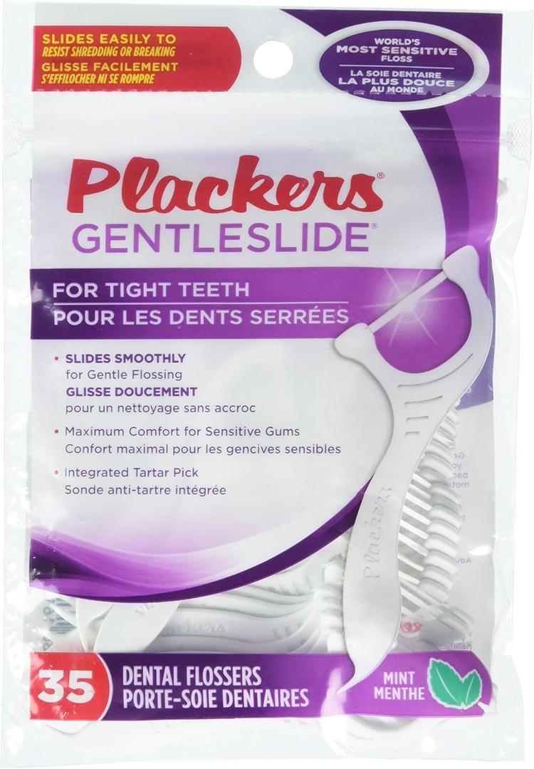 Plackers Gentleslide for Tight Teeth Cool Mint Flavor with Tarter Pick 35 Dental Flossers for Clean Teeth and Healthy Gums (1 Each)