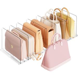 Criusia Adjustable Closet Purse Organizer Rack 28.8" Extra-Long Shelf Divider with 6 Base Panels & 8 Dividers Non-Slip Handbag Holder for Bags, Clothes, Kitchen, Office