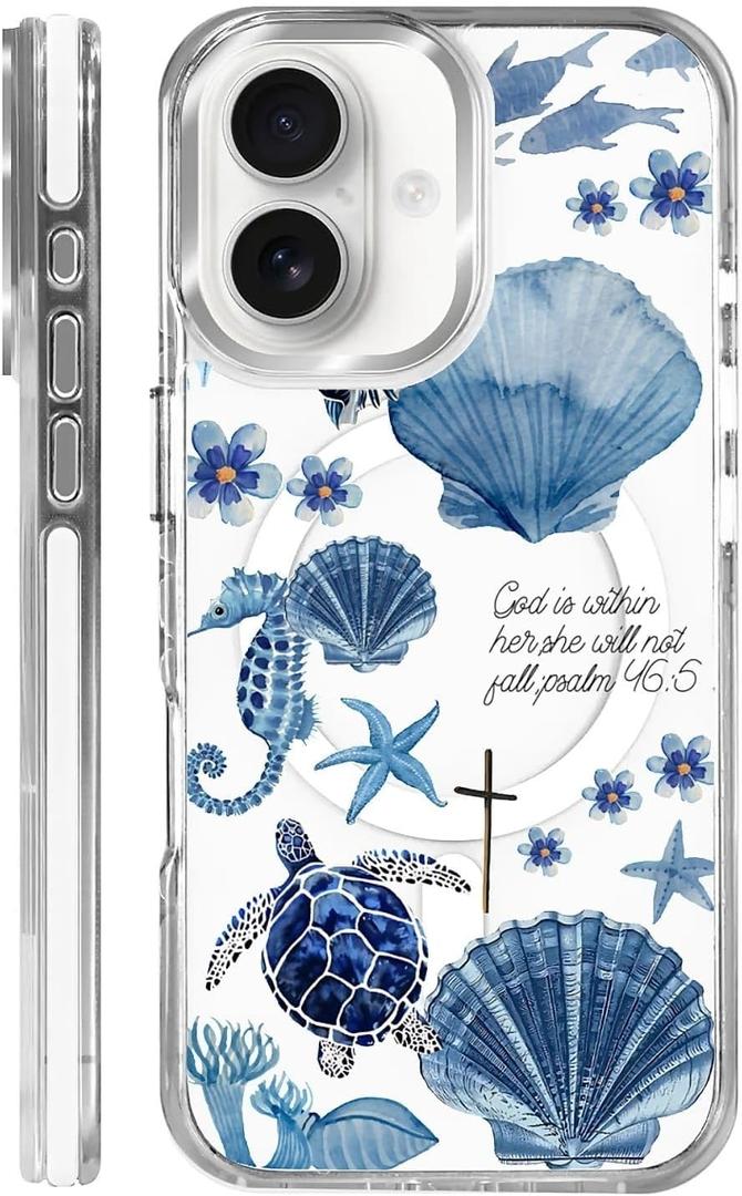for iPhone 13/iPhone 14 Case, Clear with Ocean Turtle Shell Collage Pattern Campatible with Magsafe Soft Protective Case for Women Girl (White)