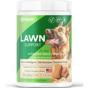 Gargeer Lawn Saver Chews for All Dog Breeds and Ages. Protect Your Grass with Balanced Urine Ammonia and Nitrogen Levels. Vet Created - 150 Duck Flavored Soft Chews. Made in the USA. Enjoy!