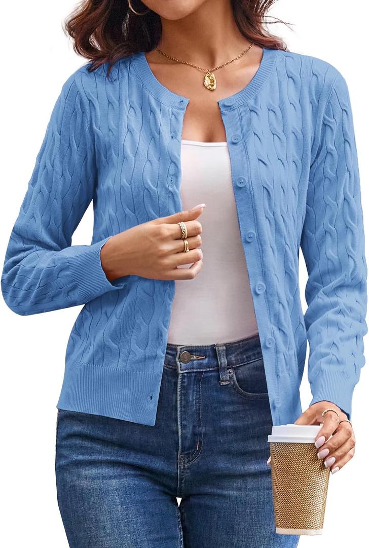 GRACE KARIN Womens Long Sleeve Button Up Cable Knit Cardigan Lightweight 2026 Crewneck Button Down Sweaters for Women (Blue) L