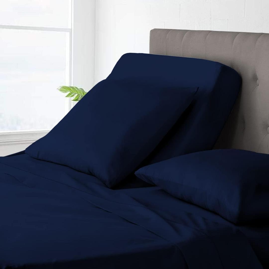 Flex Top Split Head Cal-King Sheets For Adjustable Bed-800 TC-100% Cotton 4-Pcs Top Split Sheets for Sleep Number Bed Navy Blue, Split Down 32''Inch From The Top, Fits Mattress Upto 18'' Deep Pockets