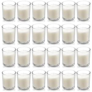 Housecret ONLY 24 Pack Warm White Unscented Clear Glass Filled Votive Candles. Hand Poured Wax Candle Ideal Gifts for Aromatherapy Spa Weddings Birthdays Holidays Party