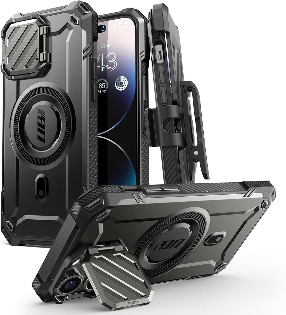 SUPCASE for iPhone 14 Pro Max Case with Camera Cover Stand (UB Mag XT) , [Compatible with MagSafe] [Built-in Belt-Clip] Heavy Duty Magnetic Phone Case for iPhone 13 Pro Max, Black