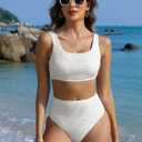 ANRABESS Women Two Piece Bikini Sets High Waist Square Neck Swimsuits Ribbed Textured Comfy Bathing SuitsBeach Swim Wear (White, M)