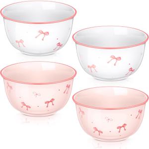 Reallnaive 4 Pcs Pink Bow Ceramic Bowls Set 4.5 Inch Coquette Cute Soup Bowl 12 Ounces Dessert Bowls for Kitchen Side Dishes Ice Cream Rice Soup Snack Cereal, Microwave and Dishwasher Safe