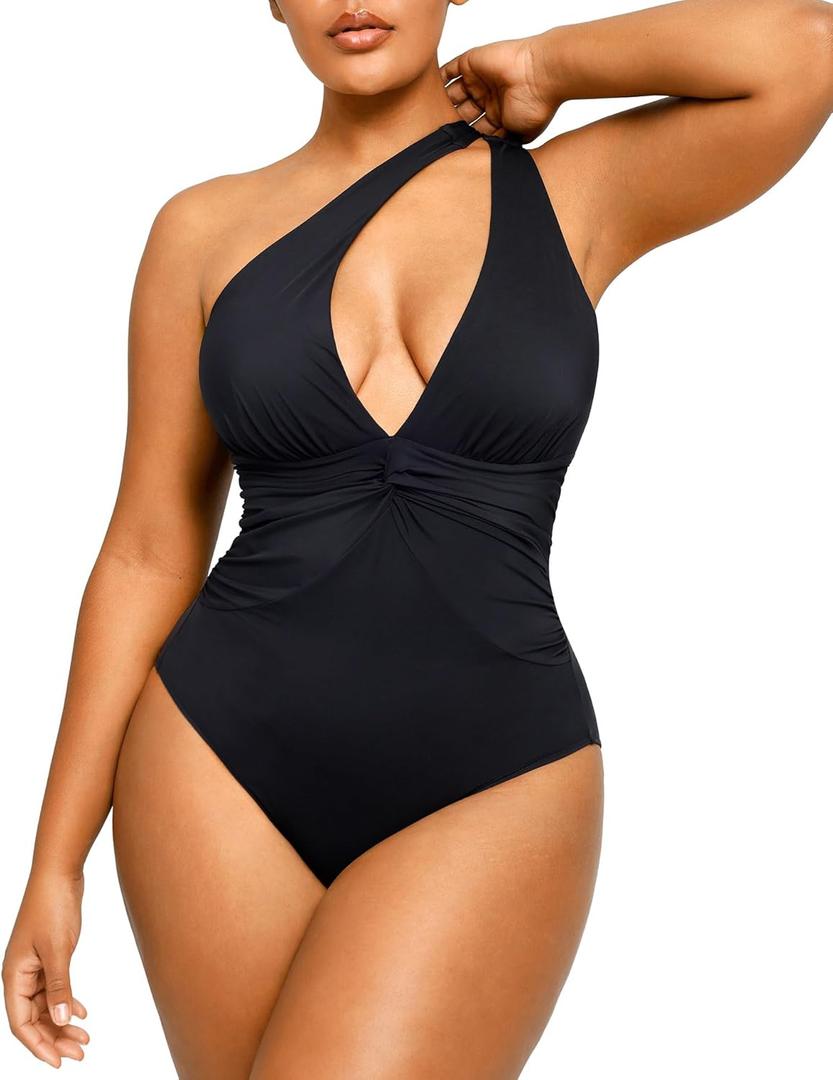 SHAPELLX Women's One Piece Swimsuit Tummy Control Ruched Full Coverage Bathing Suit V Neck Slimming Swimwear (Large, Black)