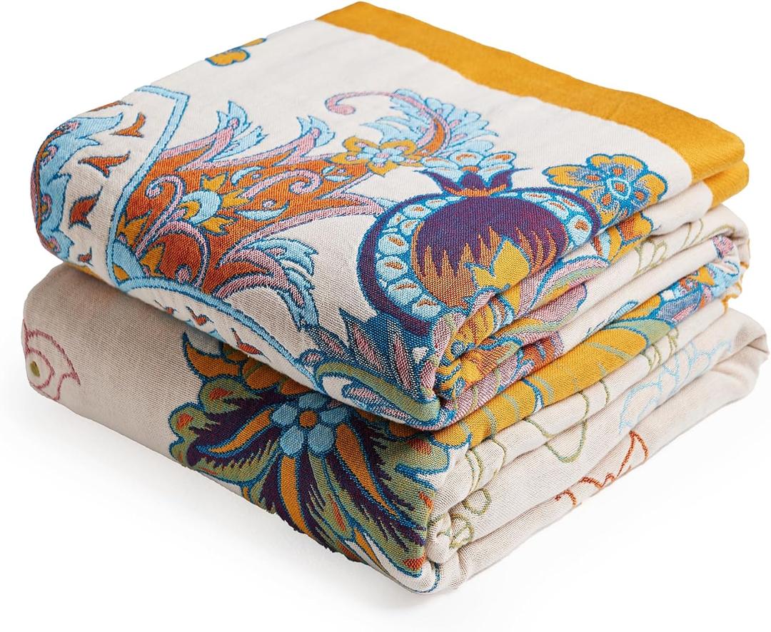 VANJOROY Boho Large Throw Blanket, 100% Organic Cotton Breathable Soft Bed King Throw  Fall Floral Bird Butterfly Farmhouse Decor Blanket for Sofa Couch Chair and Gift. 91" x 98"