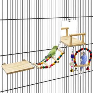 BNOSDM Bird Perch Platform with Mirror, Wooden Climbing Ladder for Parakeet, Small Bird Swing Toys with Hanging Chewing Balls Parrot Cage Accessories Budgie Playground for Cockatiel, Lovebird, Conure