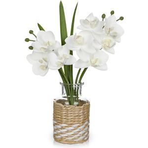 Oairse White Orchids Artificial Flowers with Vase, Small Faux Orchid Arrangement Fake Flower in Woven Glass Vase Small White Centerpieces for Kitchen Dining Room Tables Bathroom Nightstand Decor
