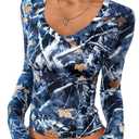 PRETTYGARDEN Women's Long Sleeve T Shirts 2025 Fall Trendy Deep V Neck Slim Fit Basic Crop Tops Casual Going Out Top (X-Large, Dark Blue Floral)