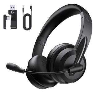 Wireless Headset with Mic for Work with AI Noise Cancelling Mic for Clear Calls, Bluetooth V5.3 Headphones with Microphone to USB A/C Dongle & Mic Mute for Computer Laptop PC iPhone (Black)