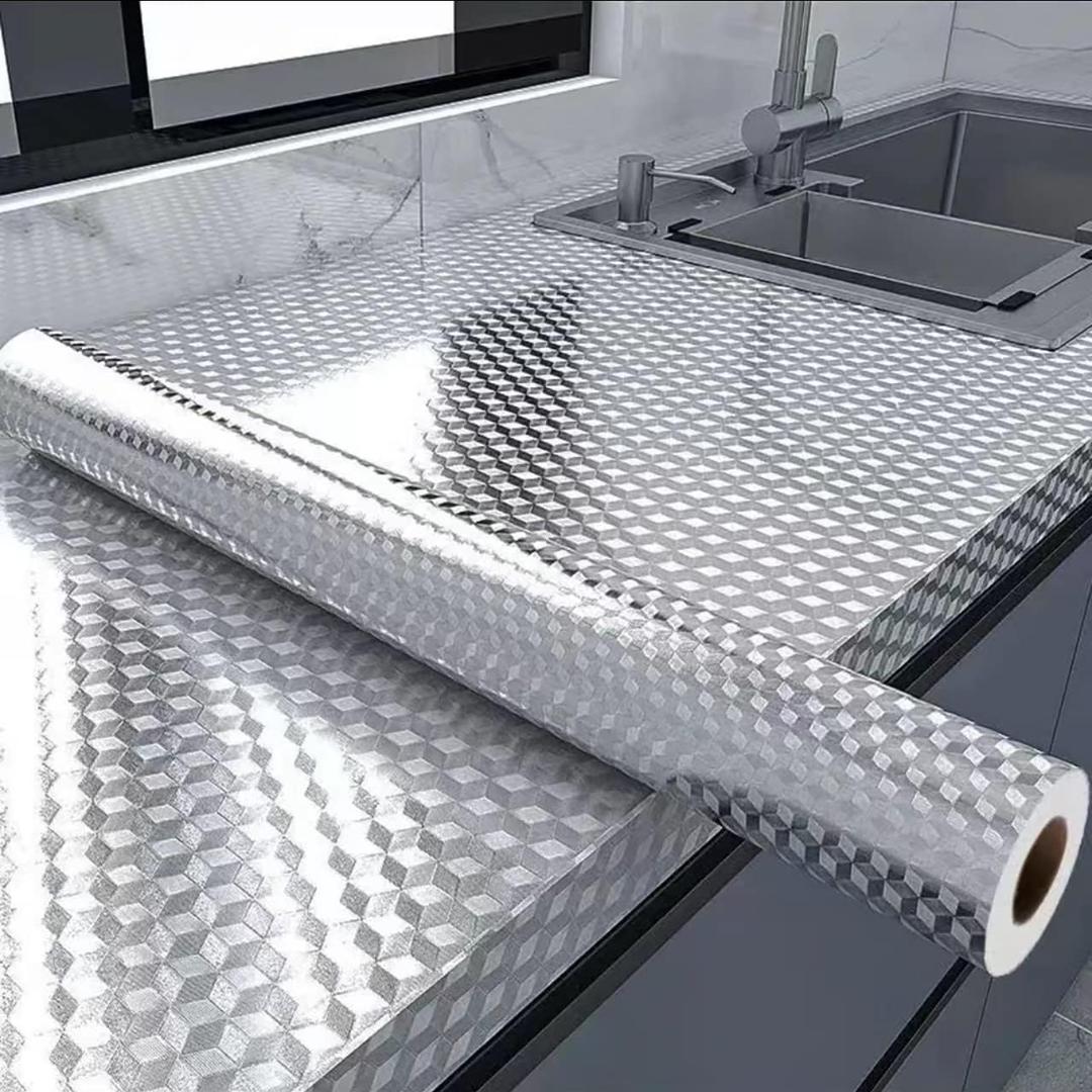 Peel and Stick Wallpaper, Waterproof Contact Paper for Kitchen Countertops Cabinets, Self-Adhesive Removable Aluminum Foil Sticker, Oil Proof Heat Resistant, Easy Clean (24"x197", Silver Chequer)
