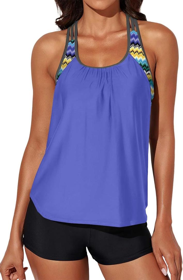 Aleumdr Womens Blouson Striped Printed Push up Strappy T-Back Tankini Top with Shorts (Plus) (X-Large, Blue) Aleumdr Womens Blouson Striped Printed Push up Strappy T-Back Tankini Top with Shorts (Plus) (X-Large, Blue)