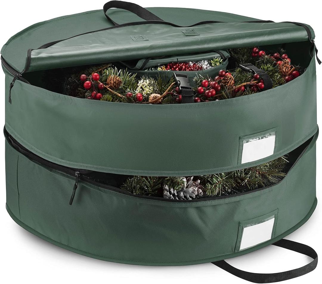 ZOBER Christmas Wreath Storage Container 30 Inch - Wreath Bag Fits 2 Wreaths Box - 600D Oxford Fabric - Interior Compartment for Storing Garlands, Wreaths Storage Bag W Strong Durable Handles - Green