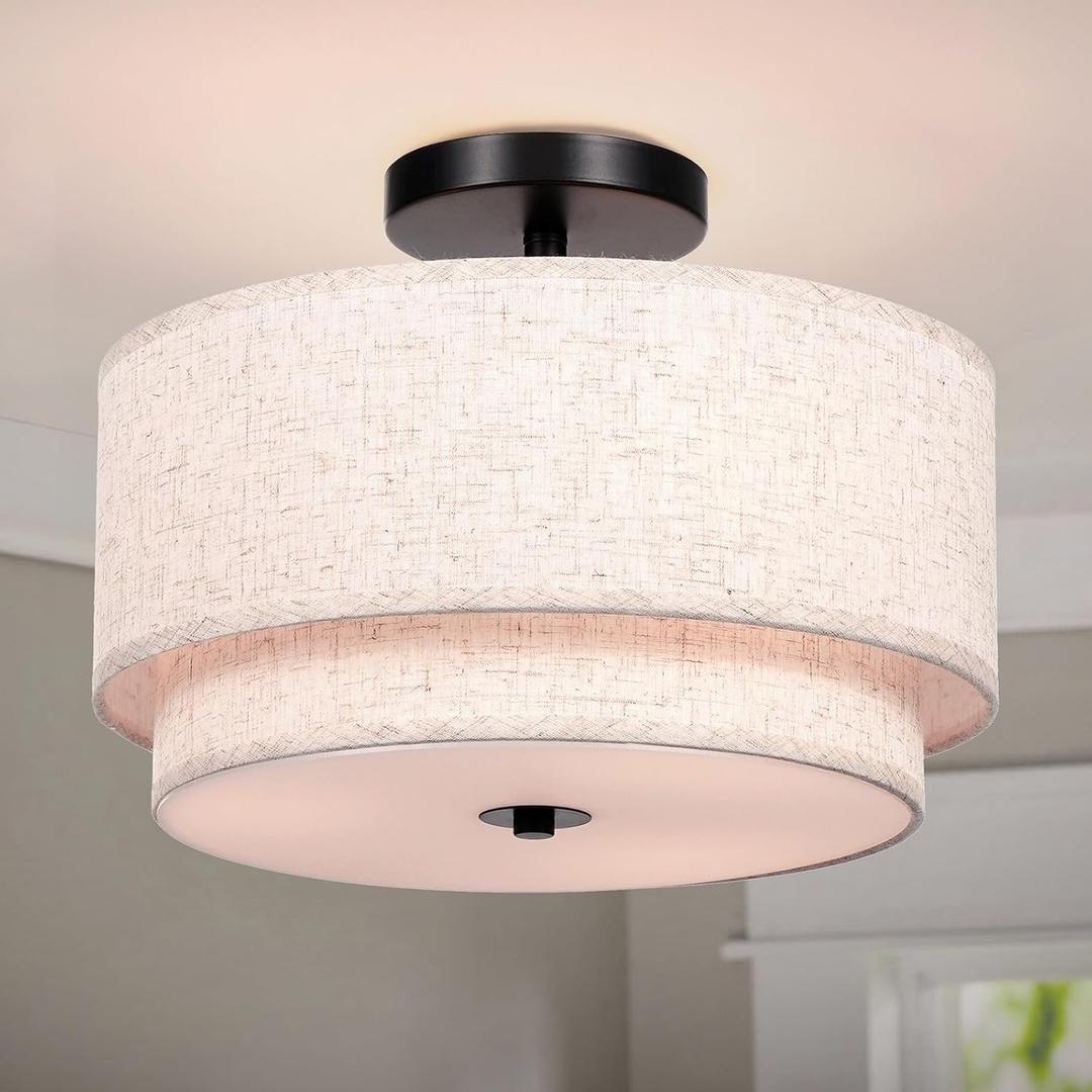 FRIDEKO HOME 3 Light Semi Flush Mount Ceiling Light Modern Close to Ceiling Light Fixture with 2-Layer Fabric Shade Light Fixtures Ceiling Mount for Bedroom Living Room Kitchen Foyer Hallway (12.6 inches, Beige)