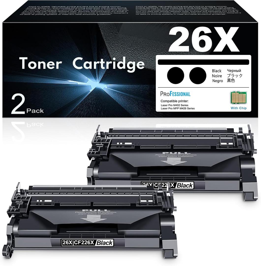 26X CF226X Black High-Yield Toner Cartridge with Chip Replacement for HP 26X CF226X Laser Pro M402d M402dw M402dne; Laser Pro MFP M426dw M426fdw M427dw Printer (Black, 2-Pack)