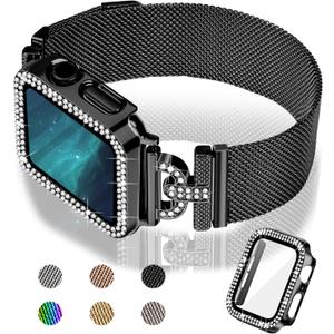 JOYOZY Magnetic Band Compatible with Apple Watch Band 38mm 40mm 41mm 42mm 44mm 45mm 46mm Milanese Strap with Bling Glitter Case Built-in Screen Protector Dressy Stainless Steel iWatch Loop for Women (46MM for Series 10/11, Black)
