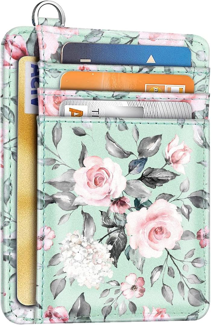 Slim Front Pocket Wallet RFID ID Card Holder Cute Small Wallet with Keychian for Women,Green Flowers