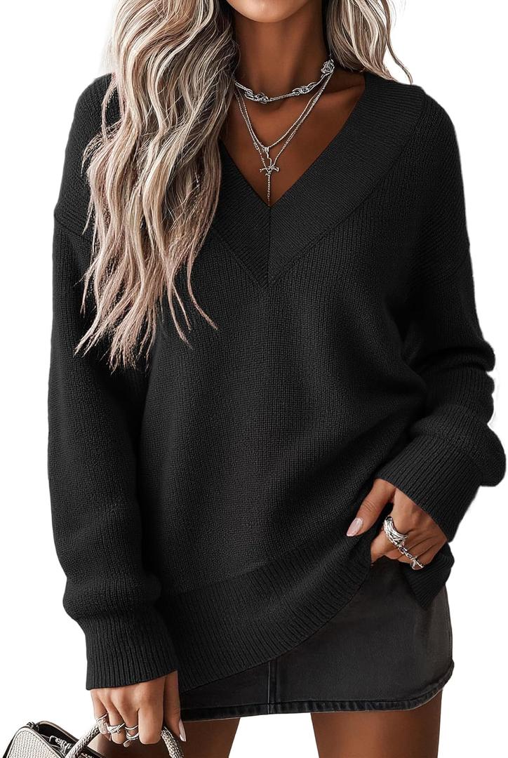 Jouica Women's Sweaters V Neck Pullover Sweater Side Slit Long Sleeve Knit Fall Tops Trendy Outfits for Women 2026 (Black, XXL)