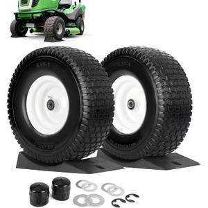 15x6.00-6 Flat Free Lawn Mower Tire and Wheel, Comes with Tire Saver Ramp, 15x6-6nhs Riding Mowers Lawn Tire and Wheel with 3/4" Bearing, 3" Centered Hub, 2 Pack