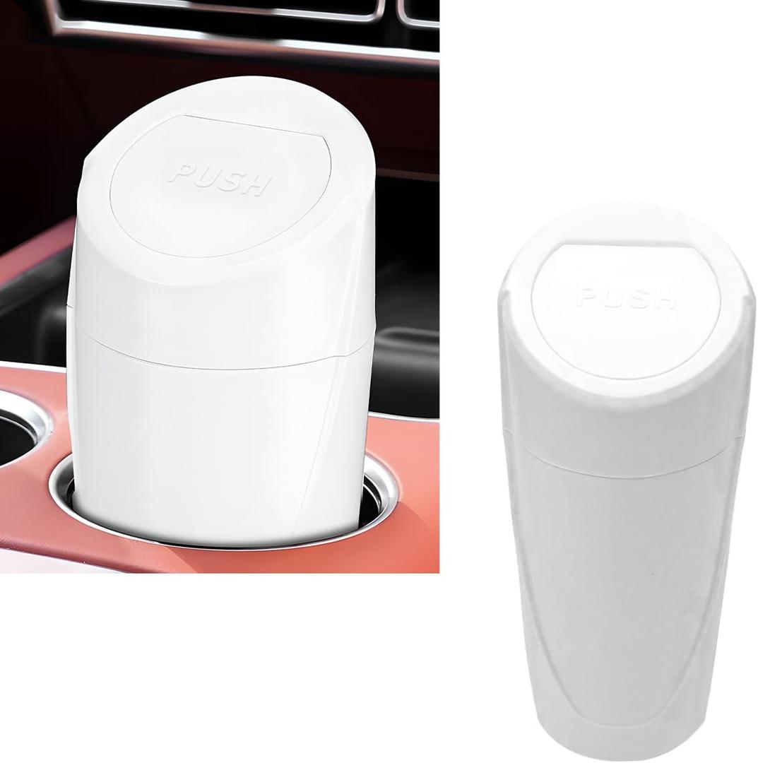 Car Trash Can with Lid, Portable Leakproof Auto Cup Holder Door Garbage Container, Multipurpose Waterproof Mini Cup Holder Trash Can Interior Organizer for Car Home Office (White)