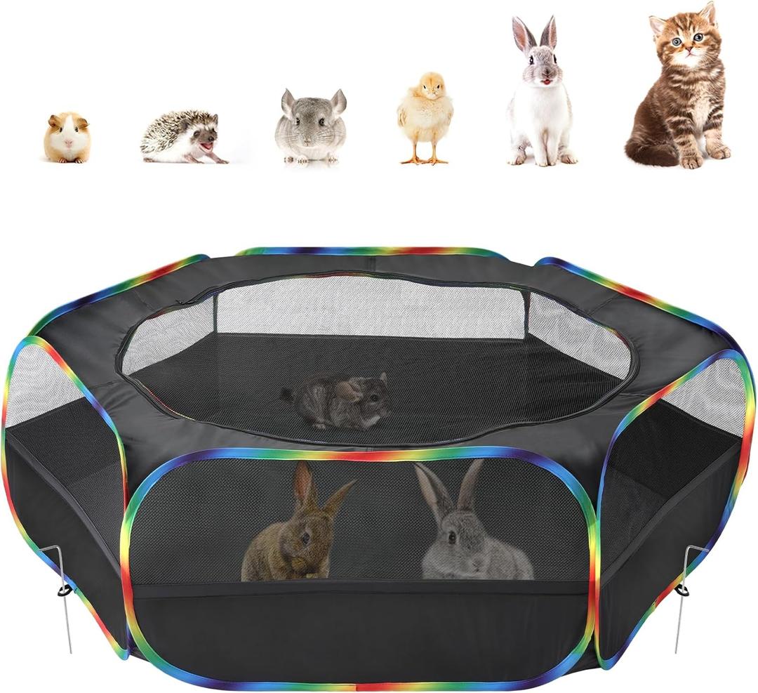 Pawaboo Small Animals Playpen, Waterproof Small Pet Cage Tent with Zippered Cover, Portable Outdoor Yard Fence with 3 Metal Rod for Chick/Kitten/Puppy/Guinea Pig/Rabbits/Hamster, Black + Rainbow Pawaboo Small Animals Playpen, Waterproof Small Pet Cage Tent with Zippered Cover, Portable Outdoor Yard Fence with 3 Metal Rod for Chick/Kitten/Puppy/Guinea Pig/Rabbits/Hamster, Black + Rainbow