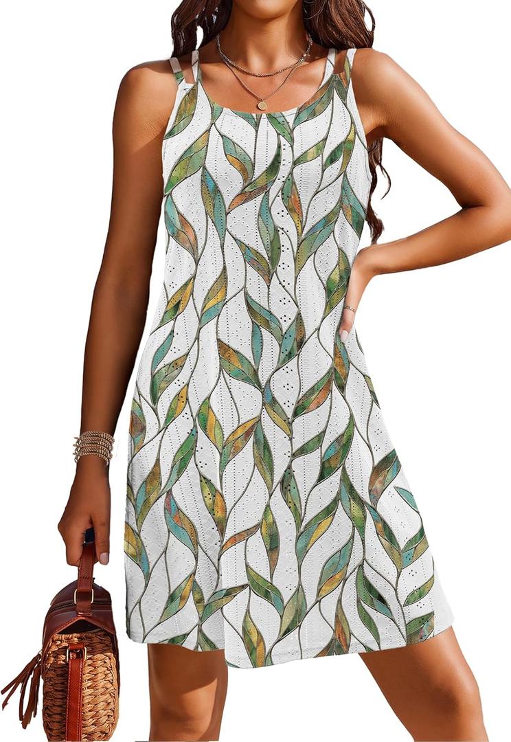 Womens Swimsuit Cover Up Spaghetti Strap Eyelet Embroidery Scoop Neck Sleeveless Casual Summer Dress Bikini Coverup (Small, A-coloured Leaf)