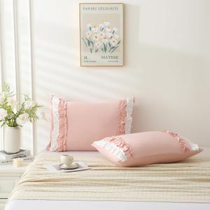 Herside Pink Pillowcase Queen Size 2 Pack,White Ruffle Pillow Shams,20"x30" Chic Boho Standard Pillow Cases,French Country Vintage Ruffled Cute Pillowcase Set of 2 Soft Microfiber