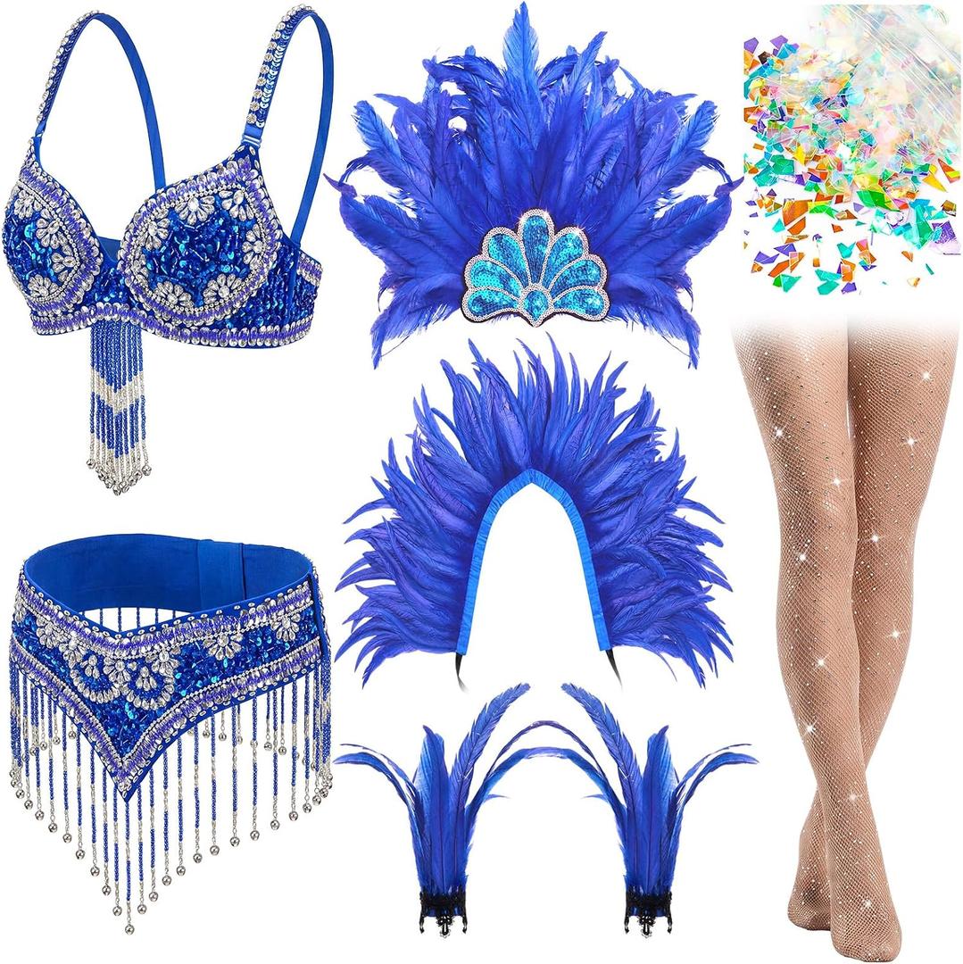 Canlierr 7 Pcs Women Feather Belly Dance Costume Outfit Set Bra Belt Feather Shawl Cape Headdress Wrists Sparkly Fishnets Stockings Shiny Confetti for Cosplay Showgirl Halloween Samba Carnival Party Medium