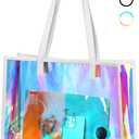 Aliceset Holographic Clear Tote Bag with Leather Handle Iridescent Bachelorette Beach Bag for Work Stadium Travel (White)