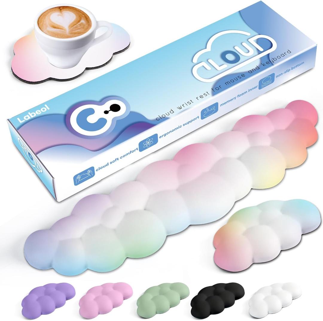 Cloud Wrist Rest for Computer Keyboard Arm Wrist Rest with Non-Slip Base Extended Wrist Rest Ergonomic Memory Foam for Keyboard and Mouse Typing Pain Relief, Office, Gaming, Computer (Rainbow Set)