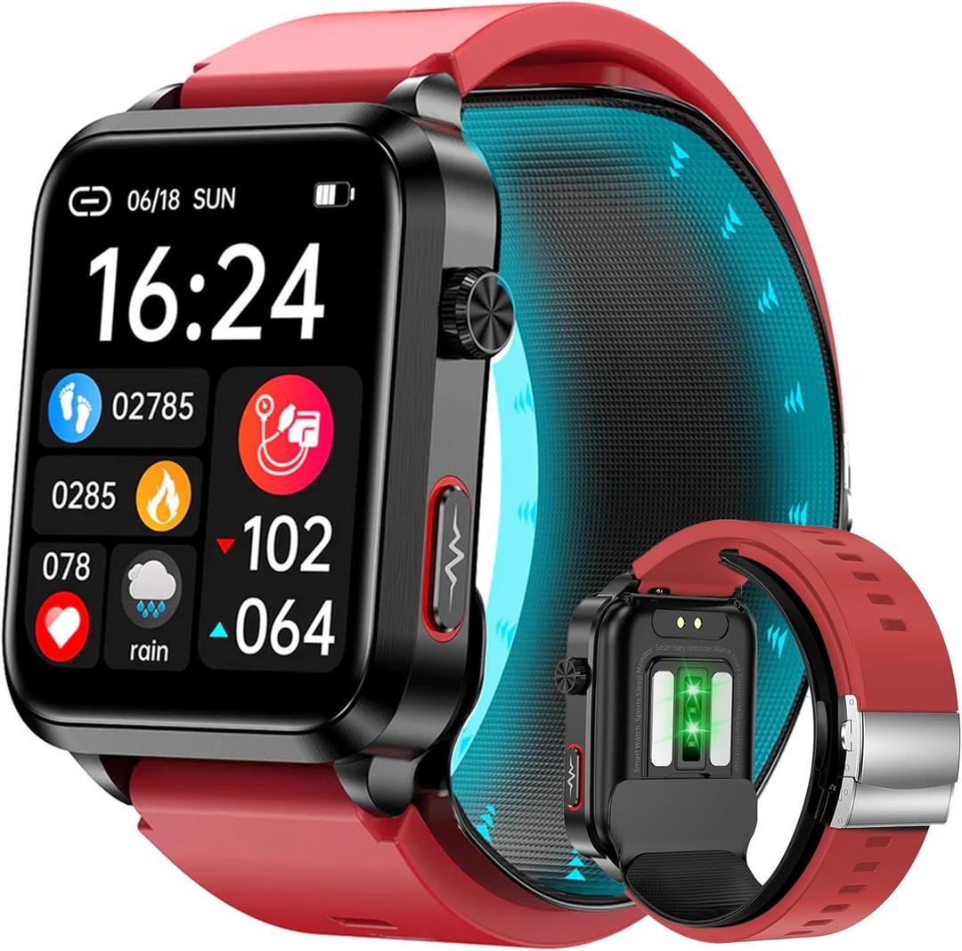 Yowow BIT Blood Pressure Smart Watch Air Bag Air Cuff, 24/7 Heart Rate Blood Oxygen Body Temperature Sleep Respiration Rate Health Monitor Activity Tracker Familiy Data Sharing (Red)